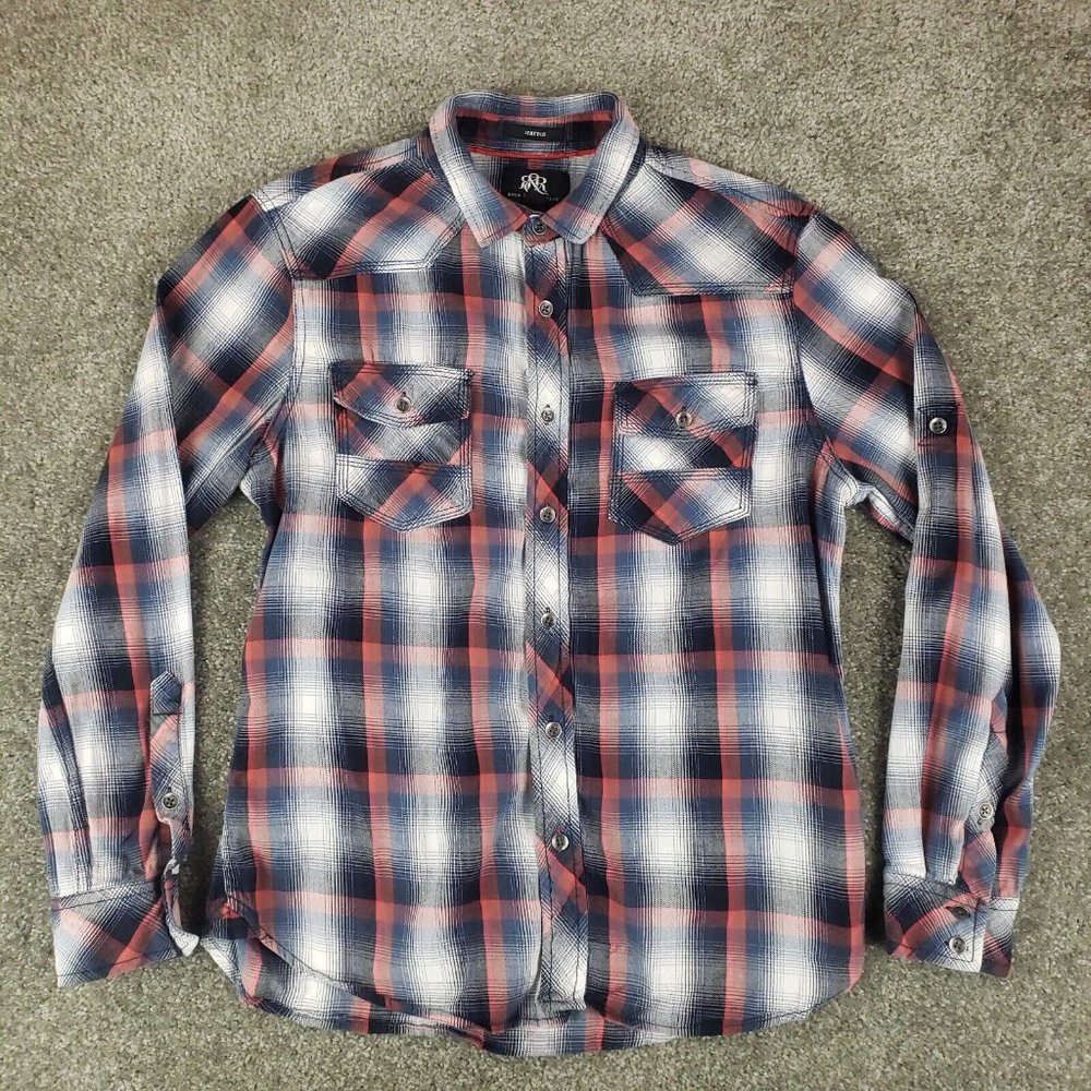 Rock & Republic Shirt Medium M Mens Red Blue Plaid Long Sleeve Collared Button